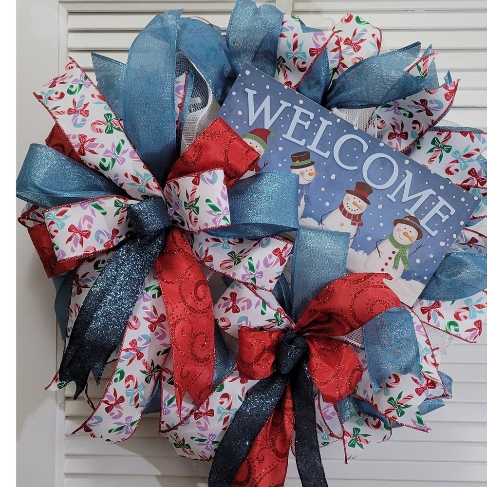 Snowman Welcome Wreath Door decor Blue Red Candy Cane 24 Inch on Pancake Frame